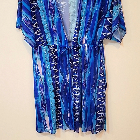 Cupshe Women's Swim Cover Up Short Dress Mini Blue Tropical Front Tie Large NWT - Picture 3 of 4